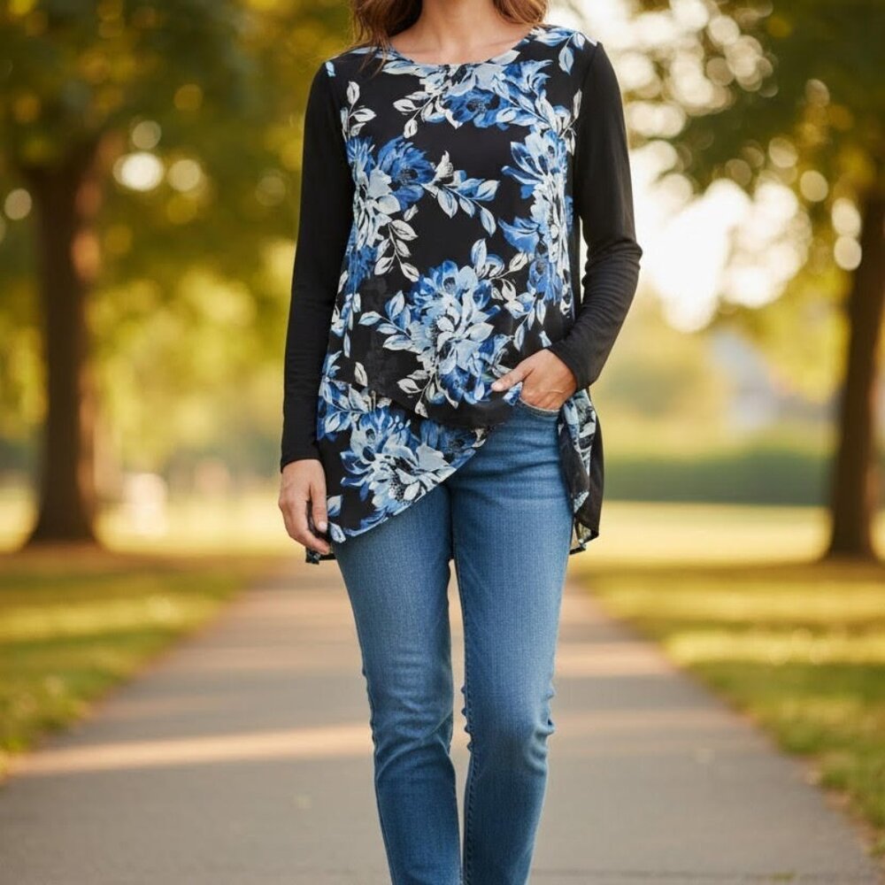 Chicos Women's Black Blue Floral Print Long Sleeve Tunic Blouse Size 1